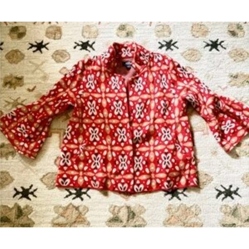 Maeve Anthropologie Red Floral Knit Bell Sleeve Cardigan Sweater Small